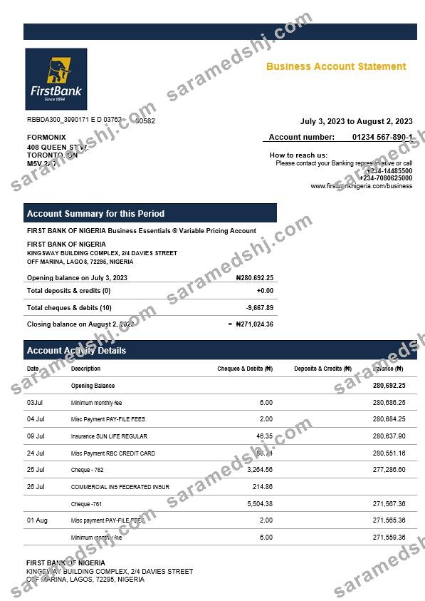 First Bank of Nigeria firm account statement Word and PDF template